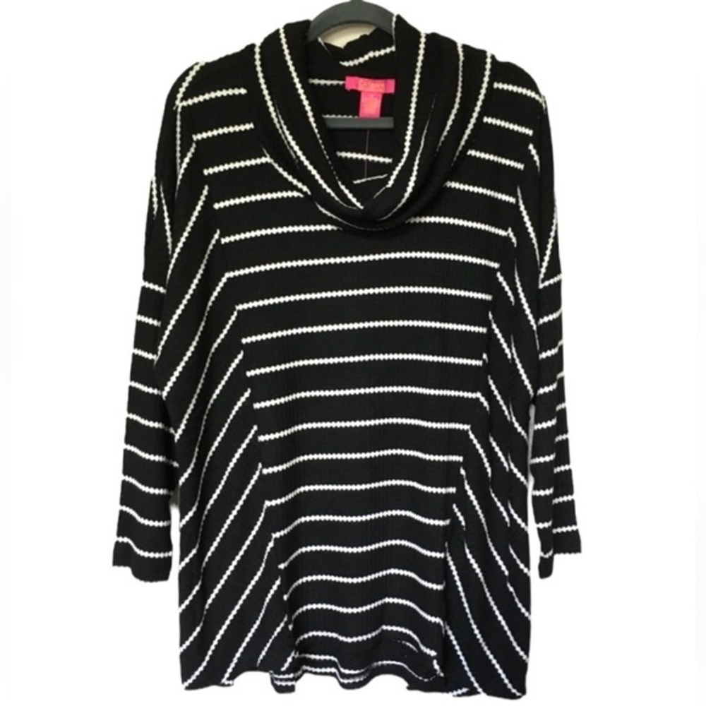 Catherine Malandrino sz L black w white stripe cowel neck ribbed long sleeve top